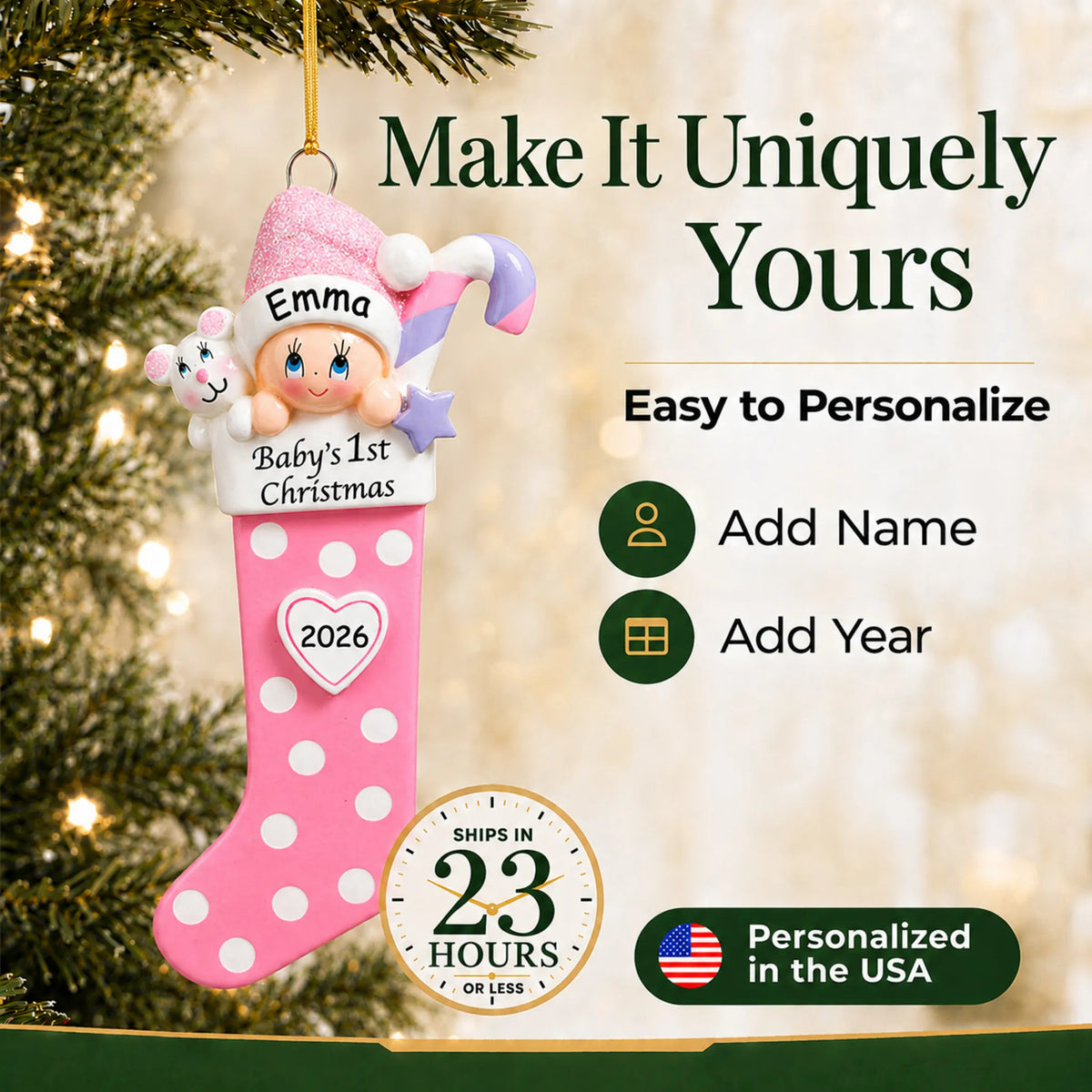 Make it yours: add name and year to the personalized pink baby's 1st christmas stocking ornament