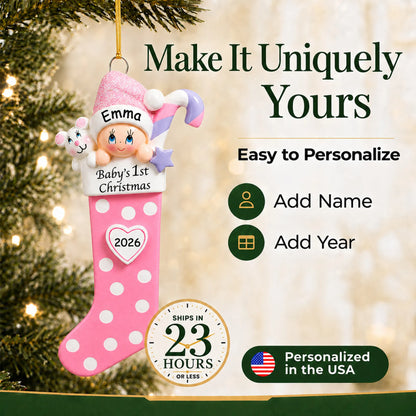 Make it yours: add name and year to the personalized pink baby's 1st christmas stocking ornament