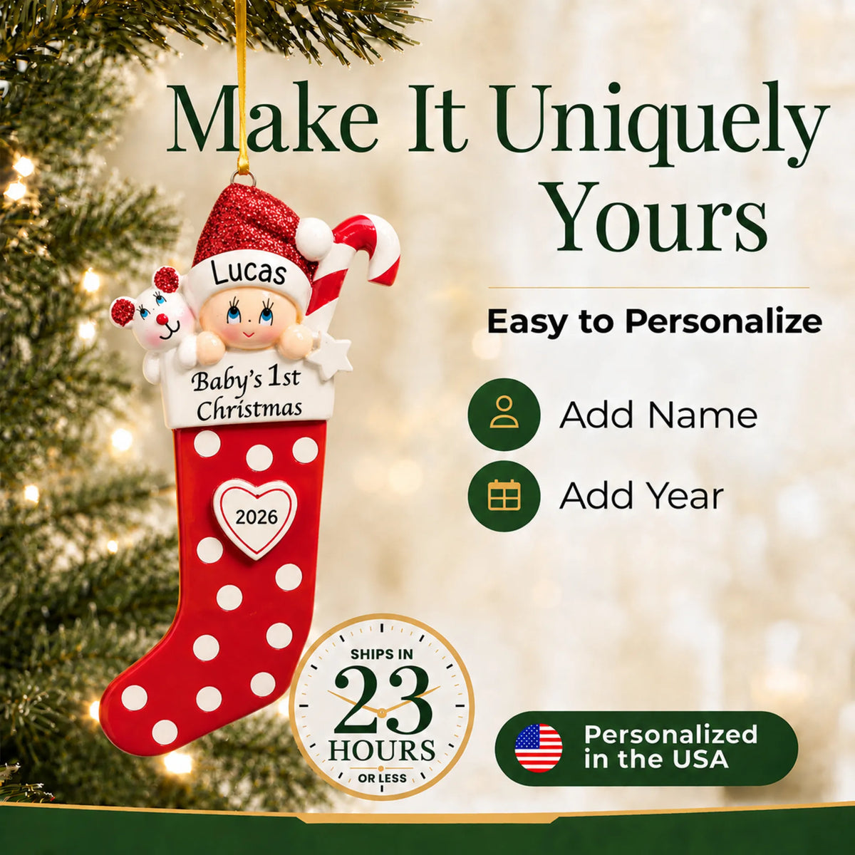 Make it yours: add name and year to the personalized red baby's 1st christmas stocking ornament