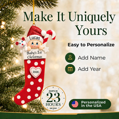 Make it yours: add name and year to the personalized red baby's 1st christmas stocking ornament