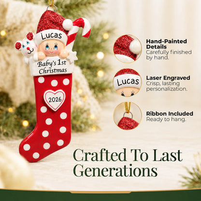 Hand-painted details and laser engraved personalization on the red baby's 1st christmas stocking ornament, ribbon included