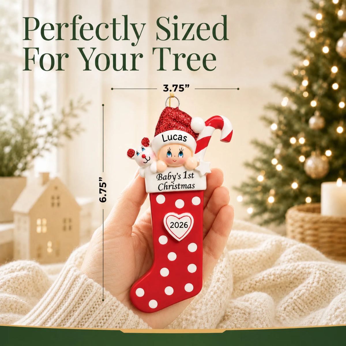 Size guide: the personalized red baby's 1st christmas stocking ornament is 3.75 in wide by 6.75 in tall, shown in hand