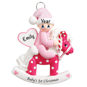 Pink Baby's 1st Christmas rocking horse ornament, baby girl on a pink rocking horse, custom name and year laser engraved