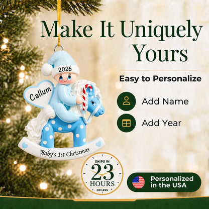 Make it yours: add name and year to the personalized blue baby's 1st christmas rocking horse ornament