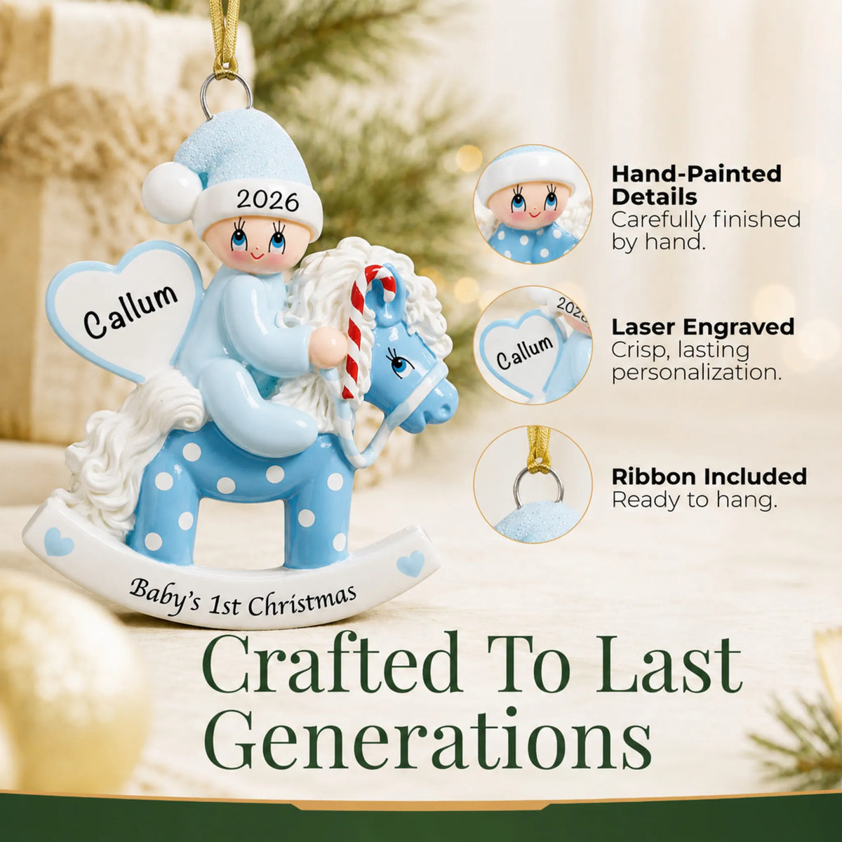 Hand-painted, laser engraved blue baby's 1st christmas rocking horse ornament, ribbon included