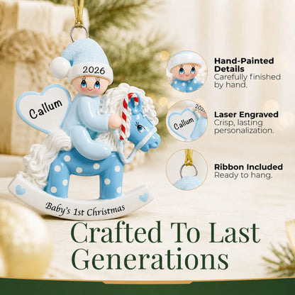 Hand-painted, laser engraved blue baby's 1st christmas rocking horse ornament, ribbon included