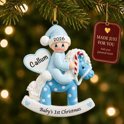Blue baby's 1st christmas rocking horse ornament hanging on a lit Christmas tree with a Made Just For You gift tag