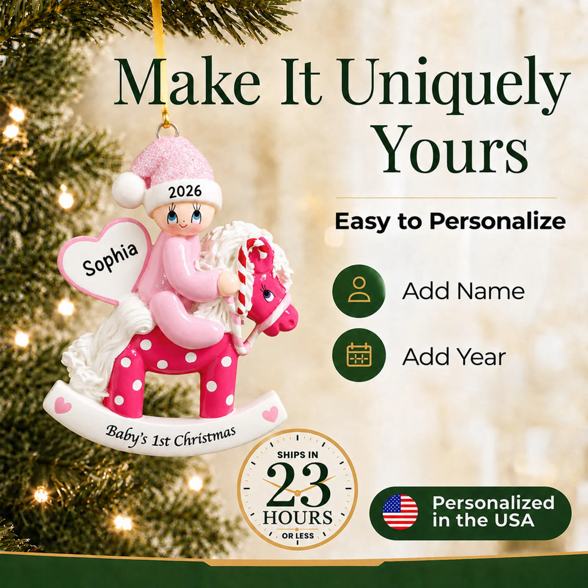 Make it yours: add name and year to the personalized pink baby's 1st christmas rocking horse ornament