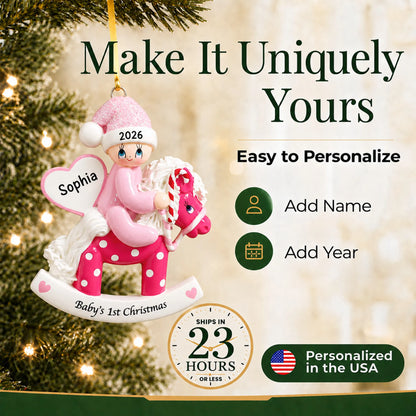 Make it yours: add name and year to the personalized pink baby's 1st christmas rocking horse ornament