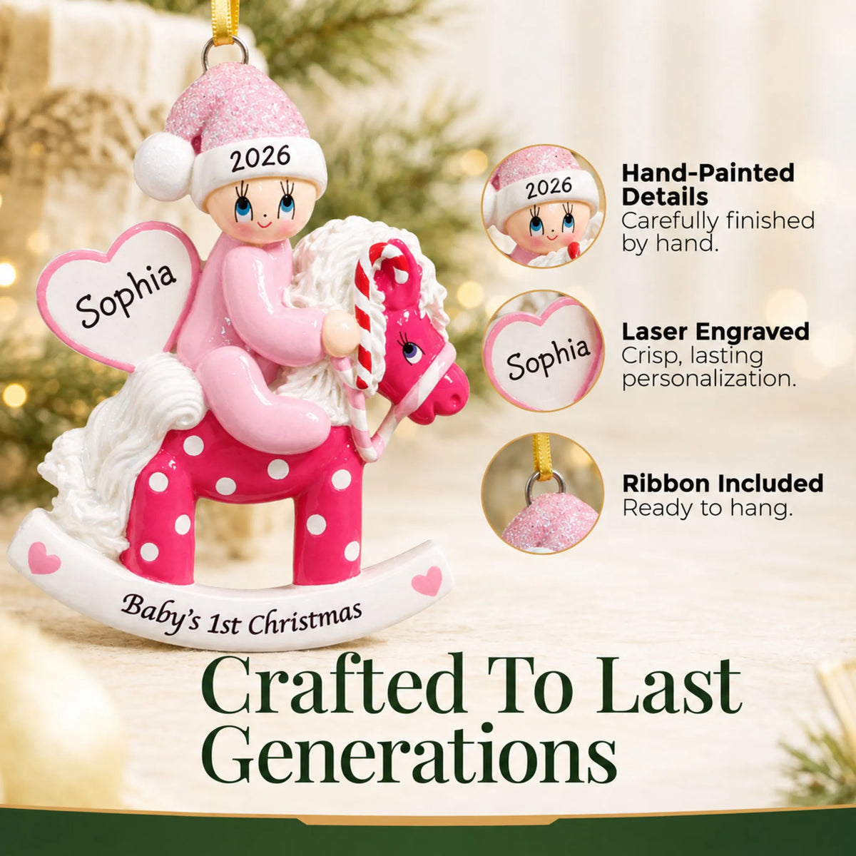 Hand-painted, laser engraved pink baby's 1st christmas rocking horse ornament, ribbon included