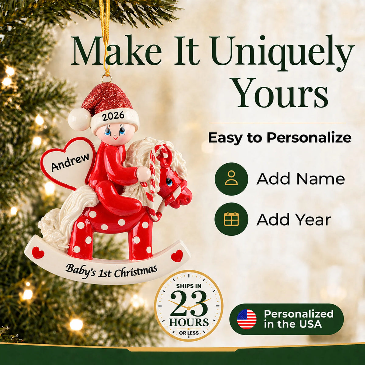 Make it yours: add name and year to the personalized red baby's 1st christmas rocking horse ornament
