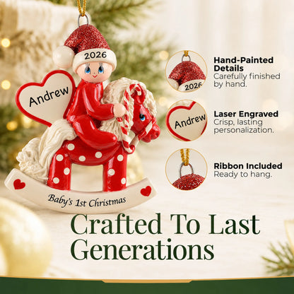 Hand-painted, laser engraved red baby's 1st christmas rocking horse ornament, ribbon included