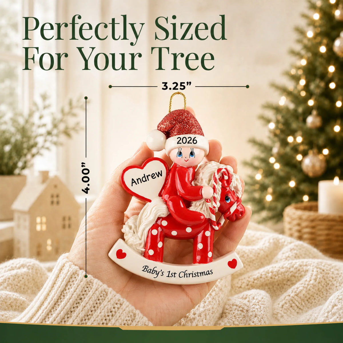 Size guide: the personalized red baby's 1st christmas rocking horse ornament is 3.25 in wide by 4.00 in tall, shown in hand