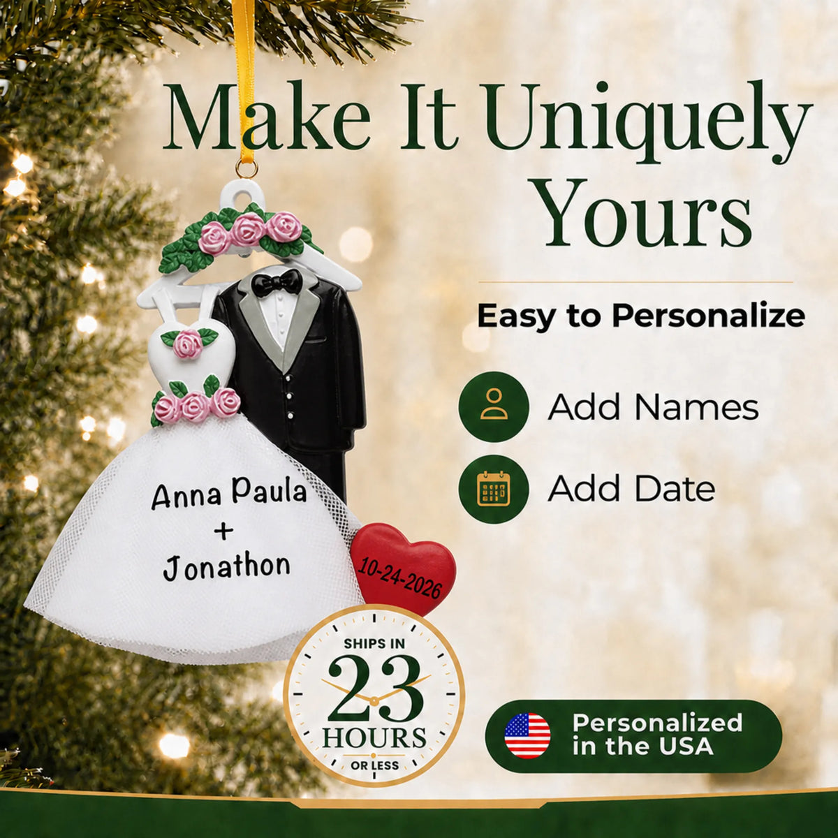 How to personalize the bride and groom attire Christmas ornament: add names and date, ships in 23 hours