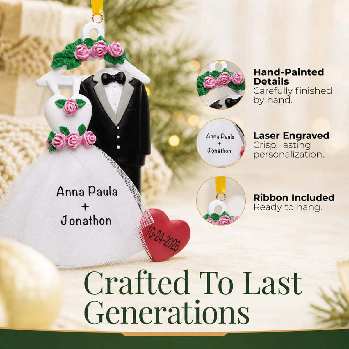 Close-up of the personalized bride and groom attire Christmas ornament: hand-painted detail, laser engraving