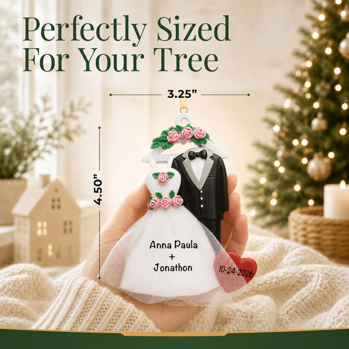 Personalized bride and groom attire Christmas ornament held in a hand to show its 3.25 by 4.5 inch size