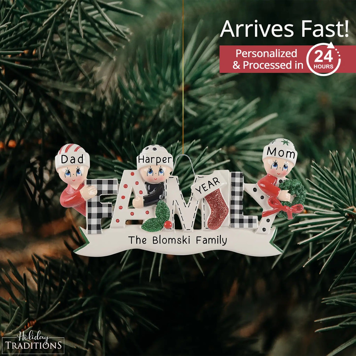 Plaid Family of 3 Christmas Ornament