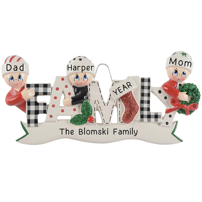 Personalized plaid family of 3 christmas ornament with names