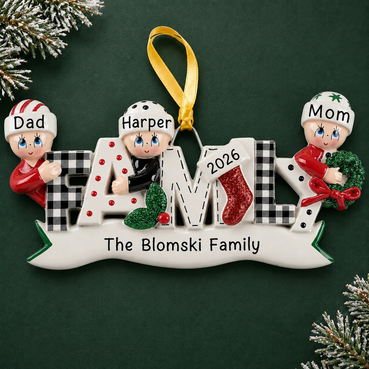 Personalized plaid family of 3 Christmas ornament spelling FAMILY with three names and the year