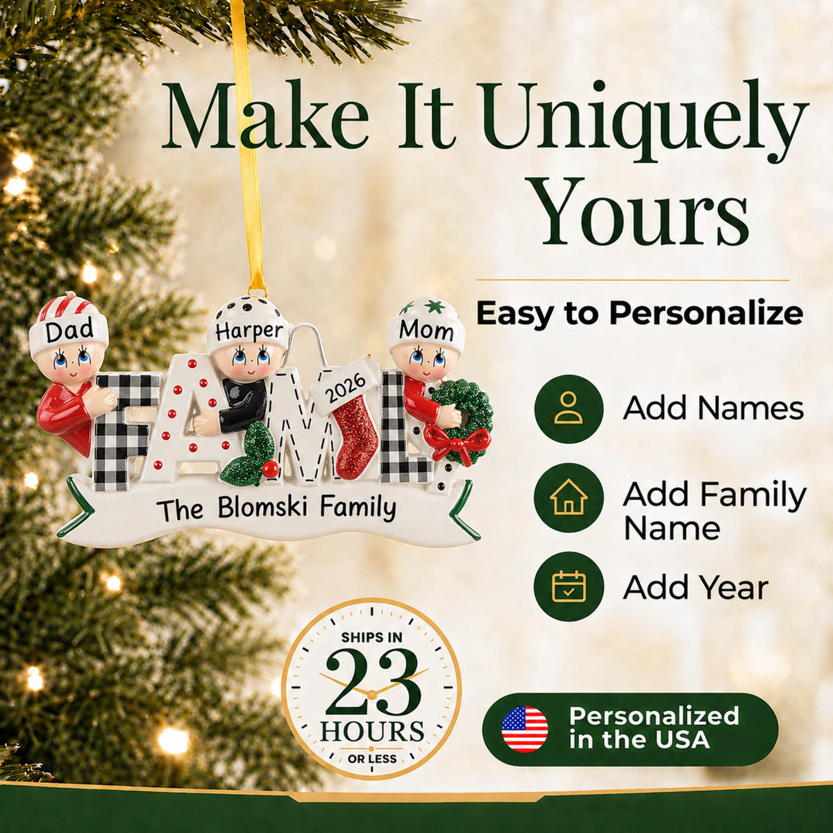 Easy to personalize plaid family of 3 Christmas ornament, add names, family name and year to make it yours