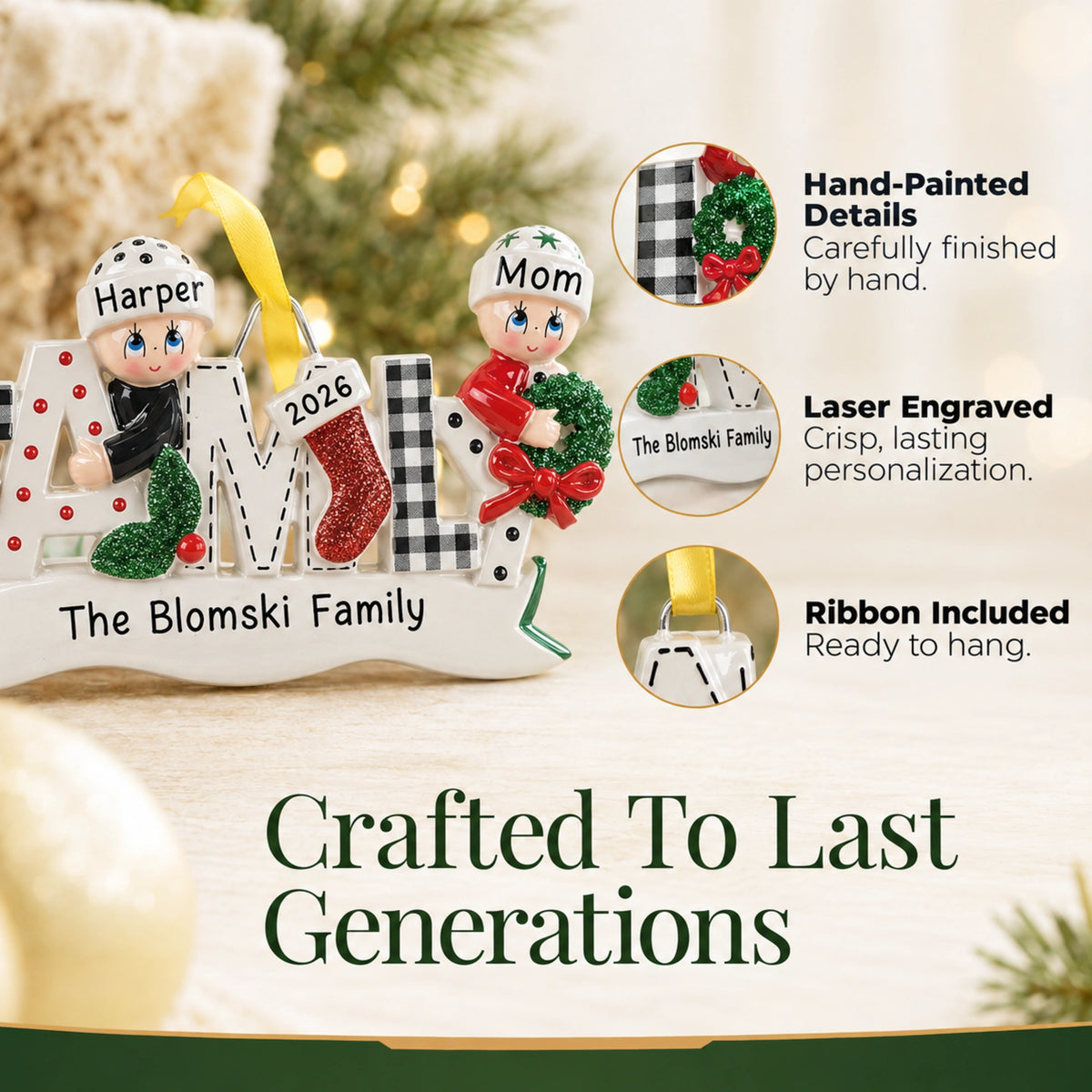 Hand-painted, laser-engraved plaid family of 3 ornament crafted to last generations, ribbon included