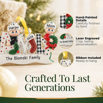 Hand-painted, laser-engraved plaid family of 3 ornament crafted to last generations, ribbon included