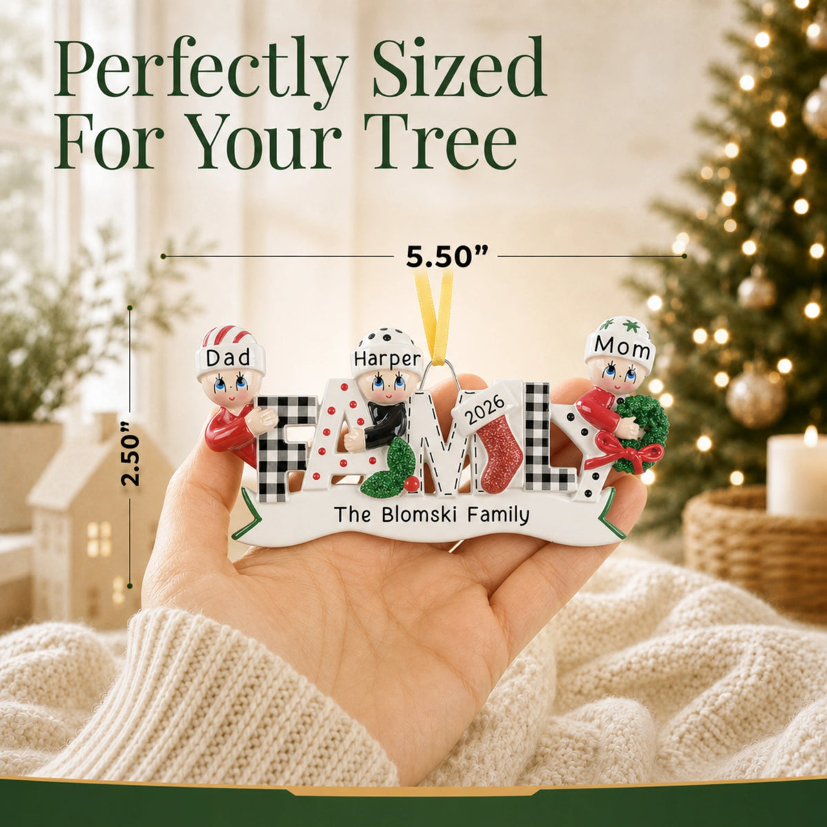 Plaid family of 3 ornament shown at 5.50 by 2.50 inches, perfectly sized for your Christmas tree