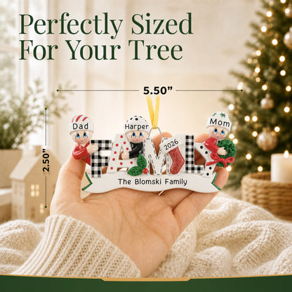 Plaid family of 3 ornament shown at 5.50 by 2.50 inches, perfectly sized for your Christmas tree