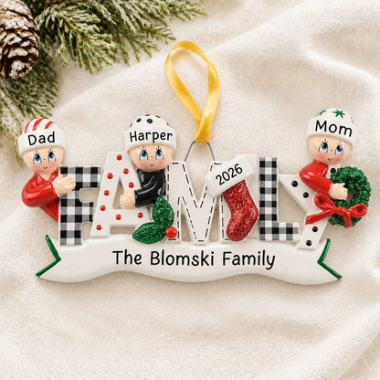 Personalized plaid family of 3 ornament spelling FAMILY with Dad, Harper and Mom