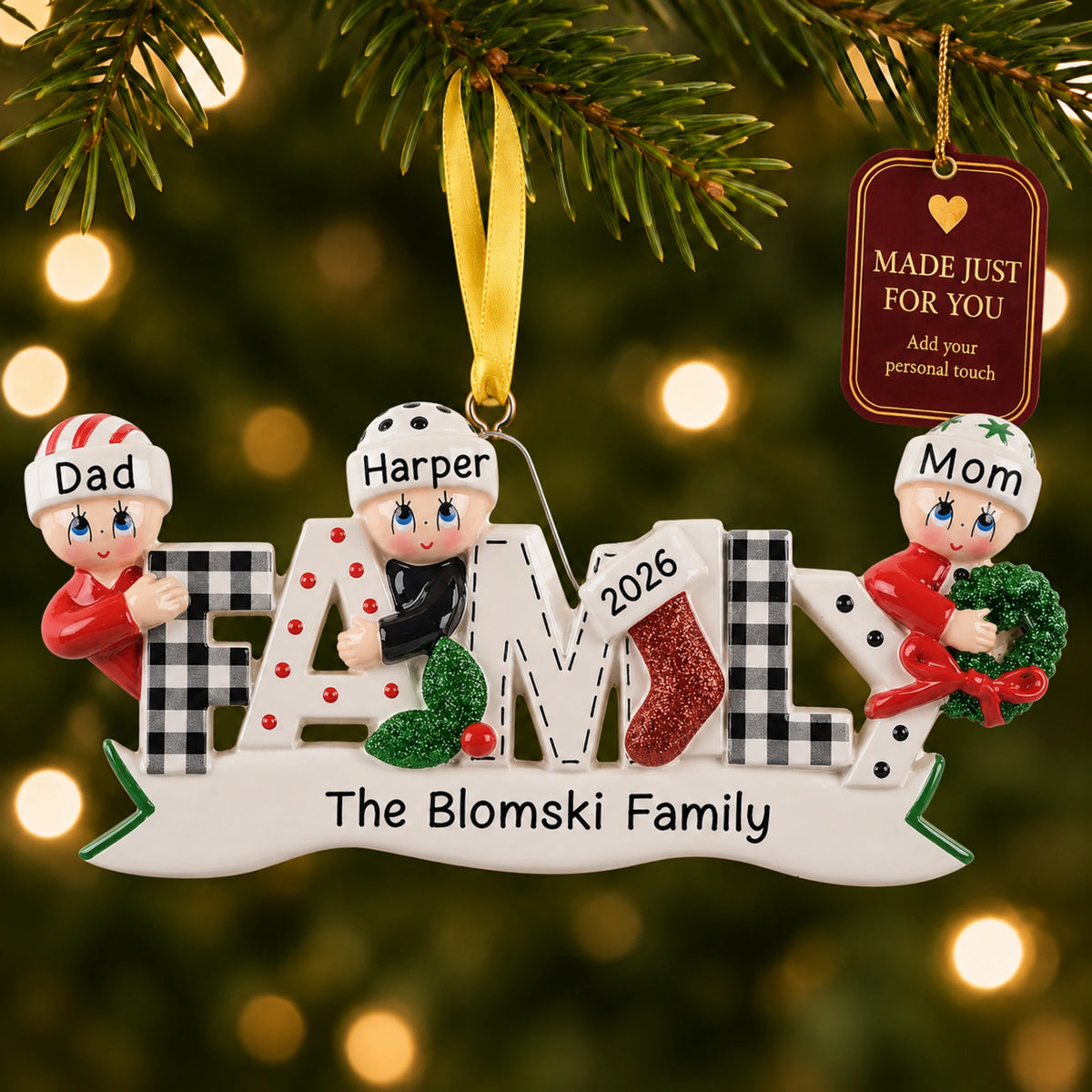 Personalized plaid family of 3 Christmas ornament hanging on the tree, made just for you with names