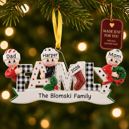 Personalized plaid family of 3 Christmas ornament hanging on the tree, made just for you with names