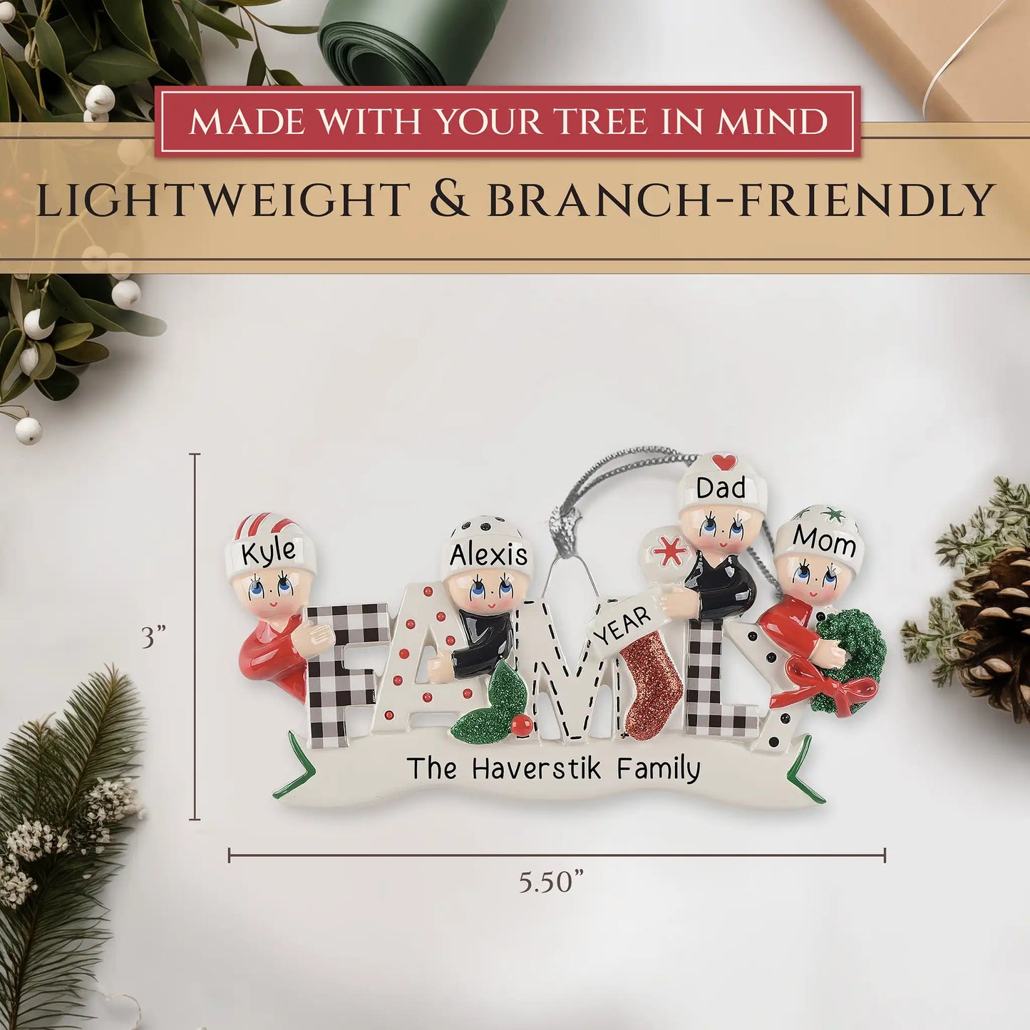 Plaid Family of 4 Christmas Ornament