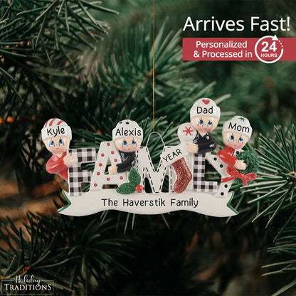 Plaid Family of 4 Christmas Ornament