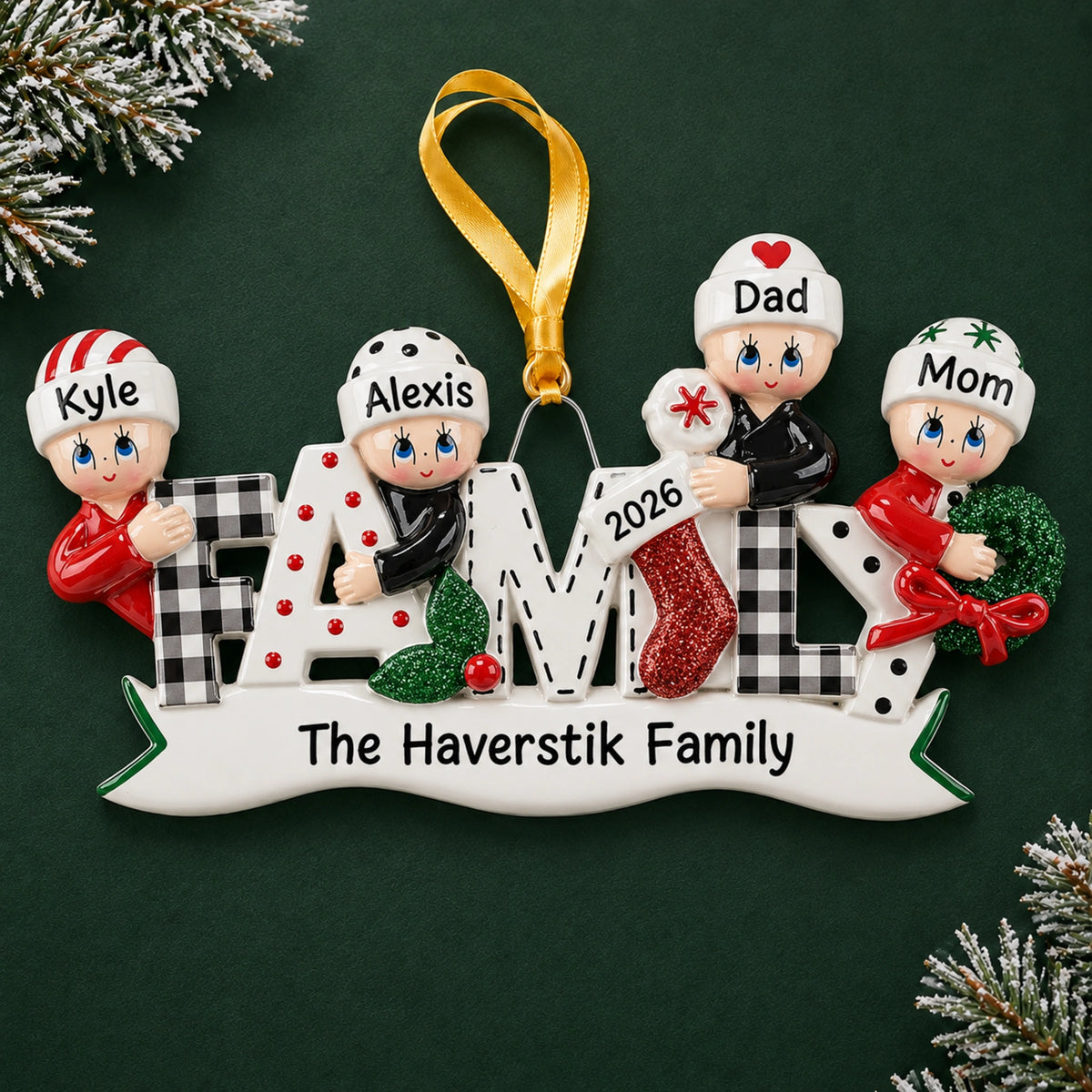 Personalized plaid family of 4 Christmas ornament spelling FAMILY with four names and the year