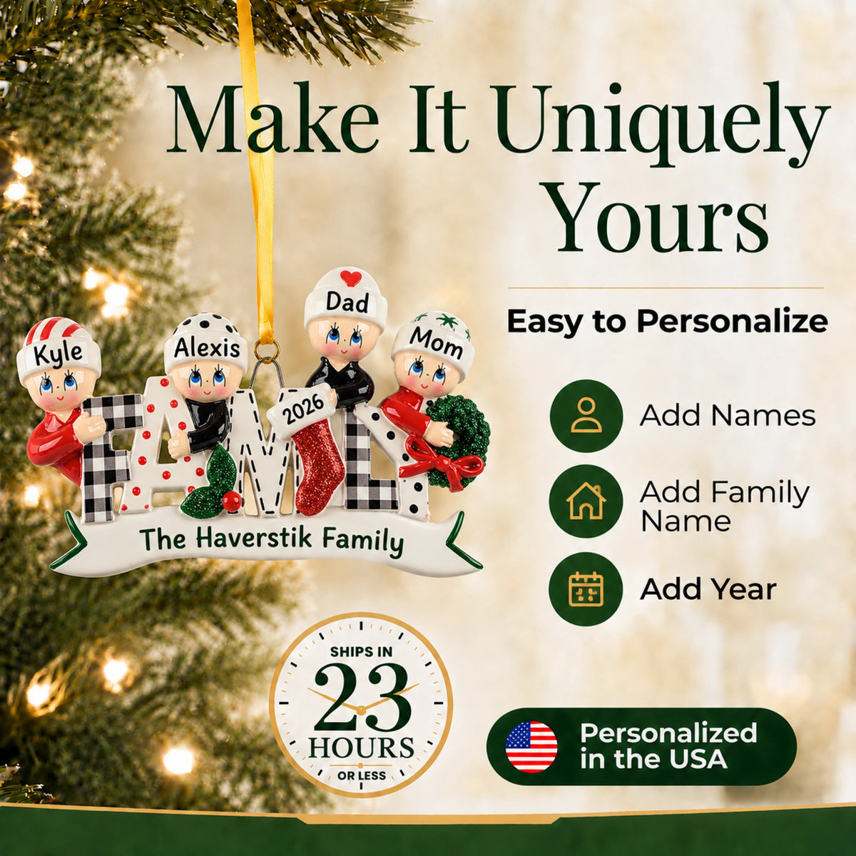 Easy to personalize plaid family of 4 Christmas ornament, add names, family name and year to make it yours