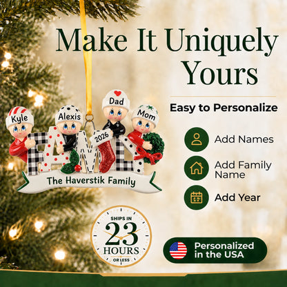 Easy to personalize plaid family of 4 Christmas ornament, add names, family name and year to make it yours