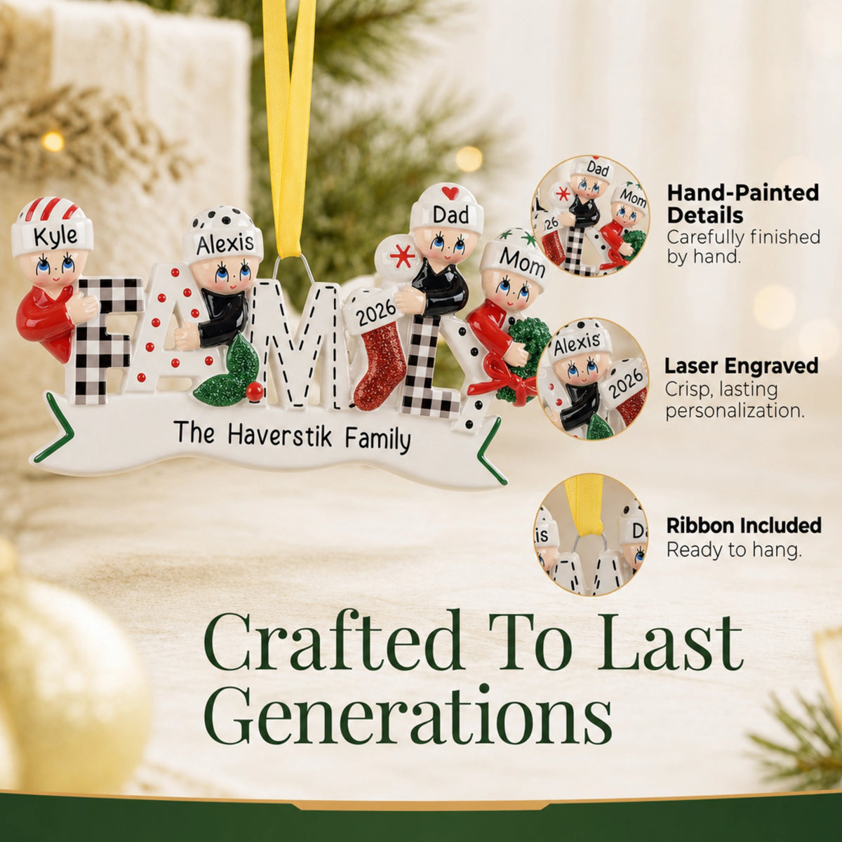 Hand-painted, laser-engraved plaid family of 4 ornament crafted to last generations, ribbon included