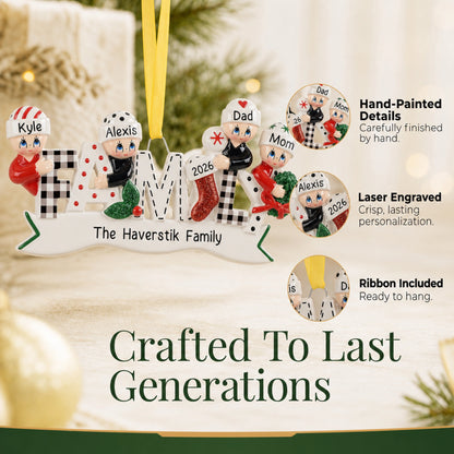 Hand-painted, laser-engraved plaid family of 4 ornament crafted to last generations, ribbon included