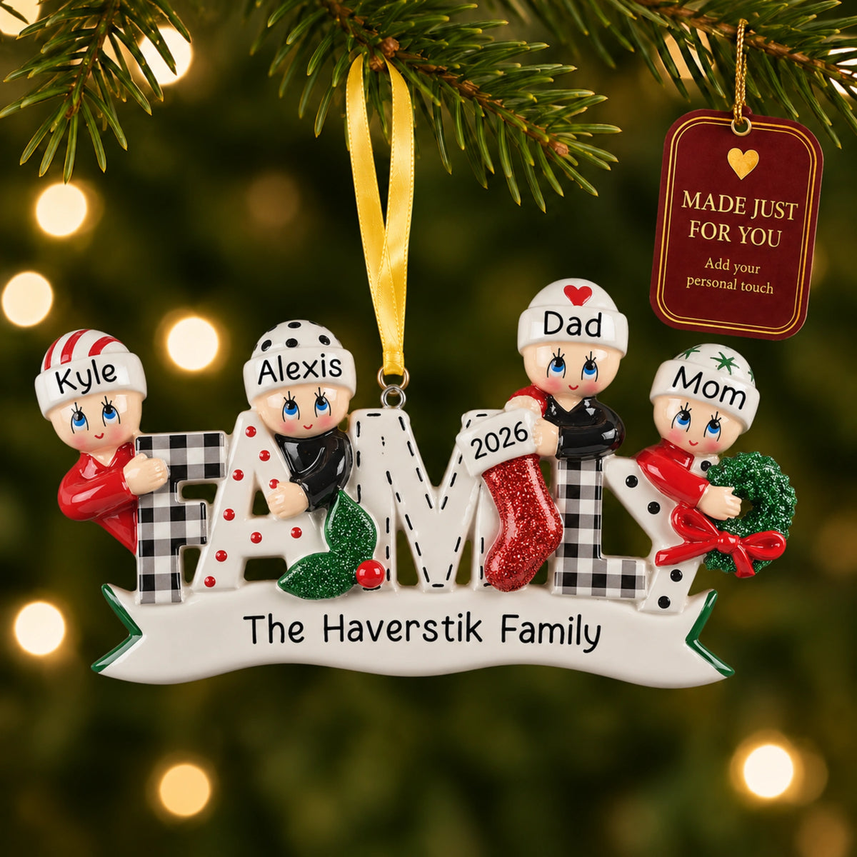 Personalized plaid family of 4 Christmas ornament hanging on the tree, made just for you with names