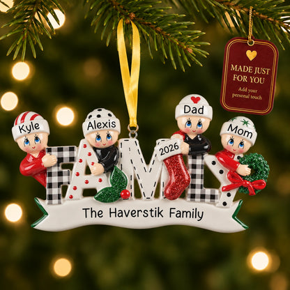 Personalized plaid family of 4 Christmas ornament hanging on the tree, made just for you with names
