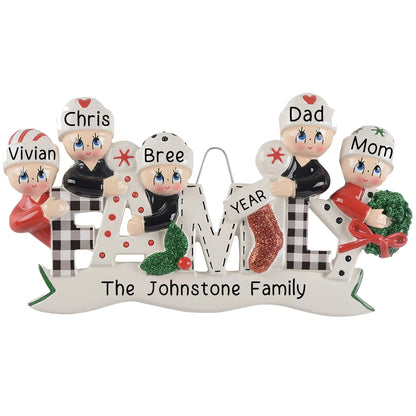 Personalized plaid family of 5 christmas ornament with names