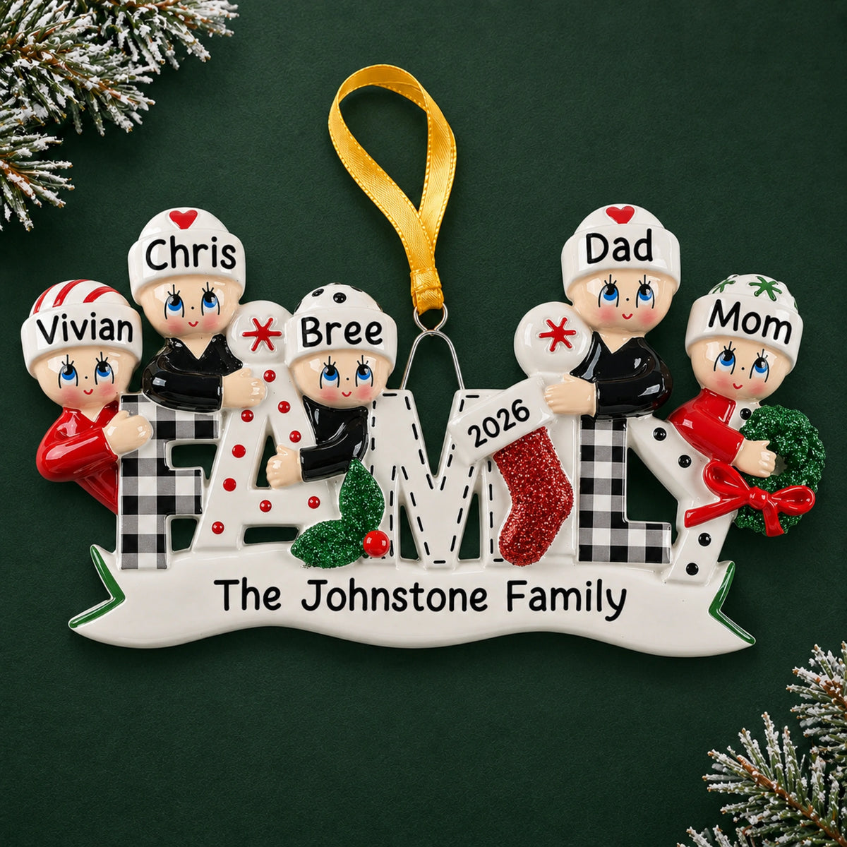 Personalized plaid family of 5 Christmas ornament, plaid FAMILY letters with five faces, names and 2026