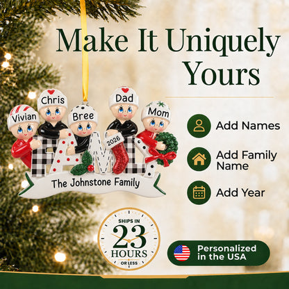 Personalized plaid family of 5 Christmas ornament, add names, family name and year, ships fast
