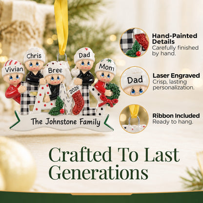 Hand-painted, laser-engraved plaid family of 5 Christmas ornament with ribbon, crafted to last