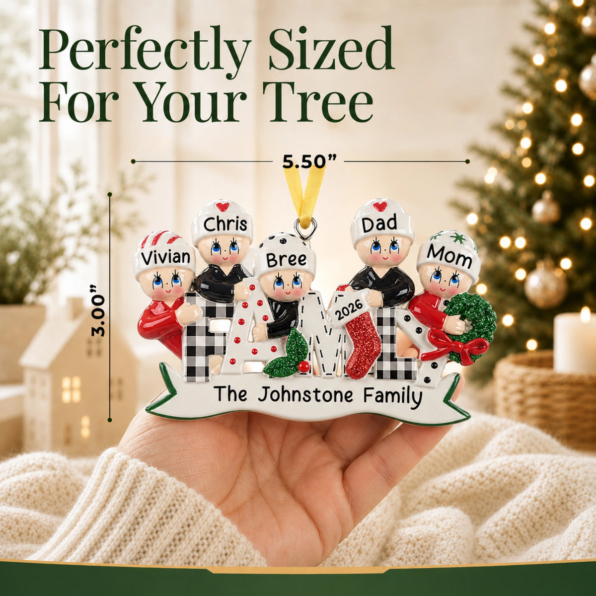 Plaid family of 5 Christmas ornament held in hand, about 5.5 inches wide, sized for your tree