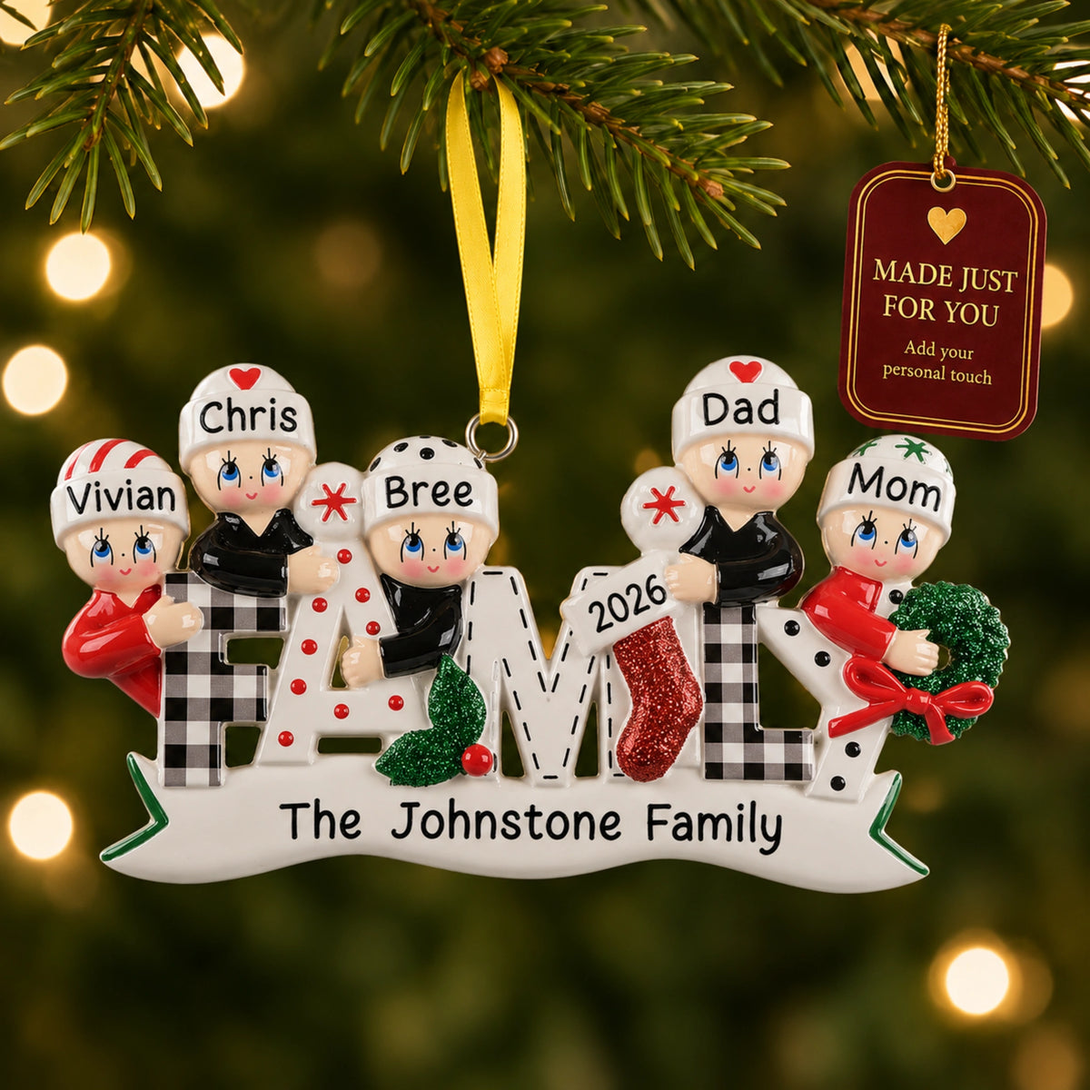 Personalized plaid family of 5 Christmas ornament on tree with a Made Just For You gift tag