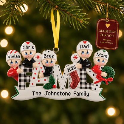Personalized plaid family of 5 Christmas ornament on tree with a Made Just For You gift tag