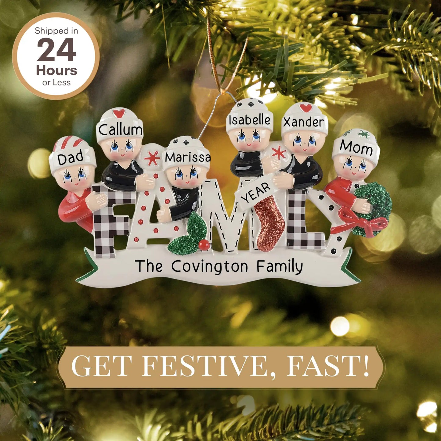 Plaid Family of 6 Christmas Ornament
