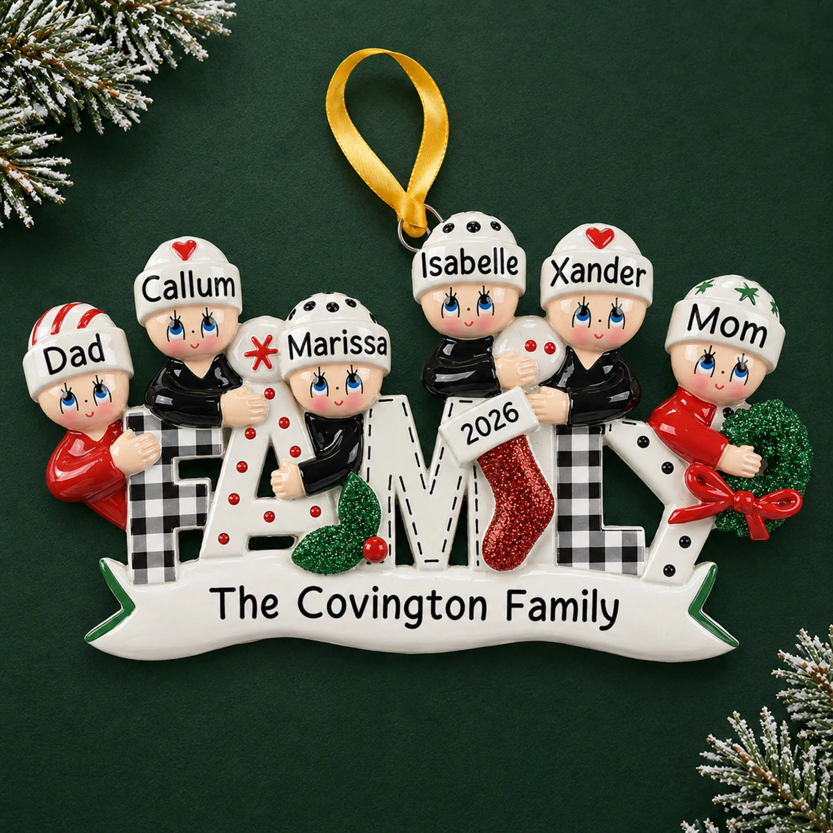 Personalized plaid family of 6 christmas ornament on a dark green pine background
