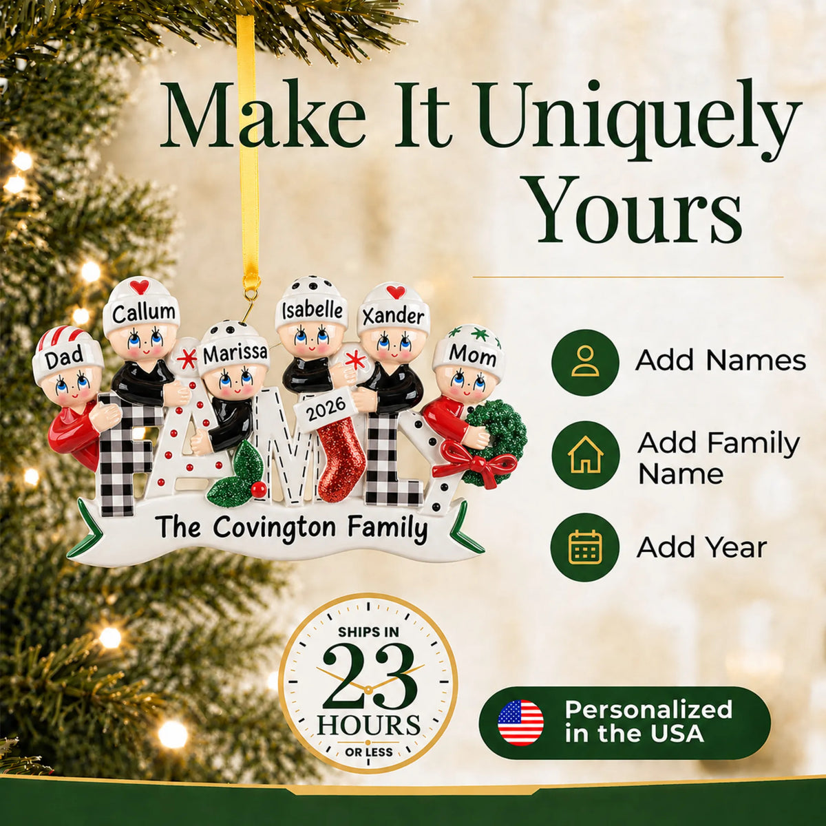 Make it yours: add names and year to the personalized plaid family of 6 christmas ornament